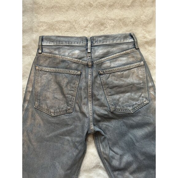 AGOLDE Waxed Metallic Coated Jeans – Raw Cut Hem Skinny Denim Night-Out Chic - Picture 11 of 11
